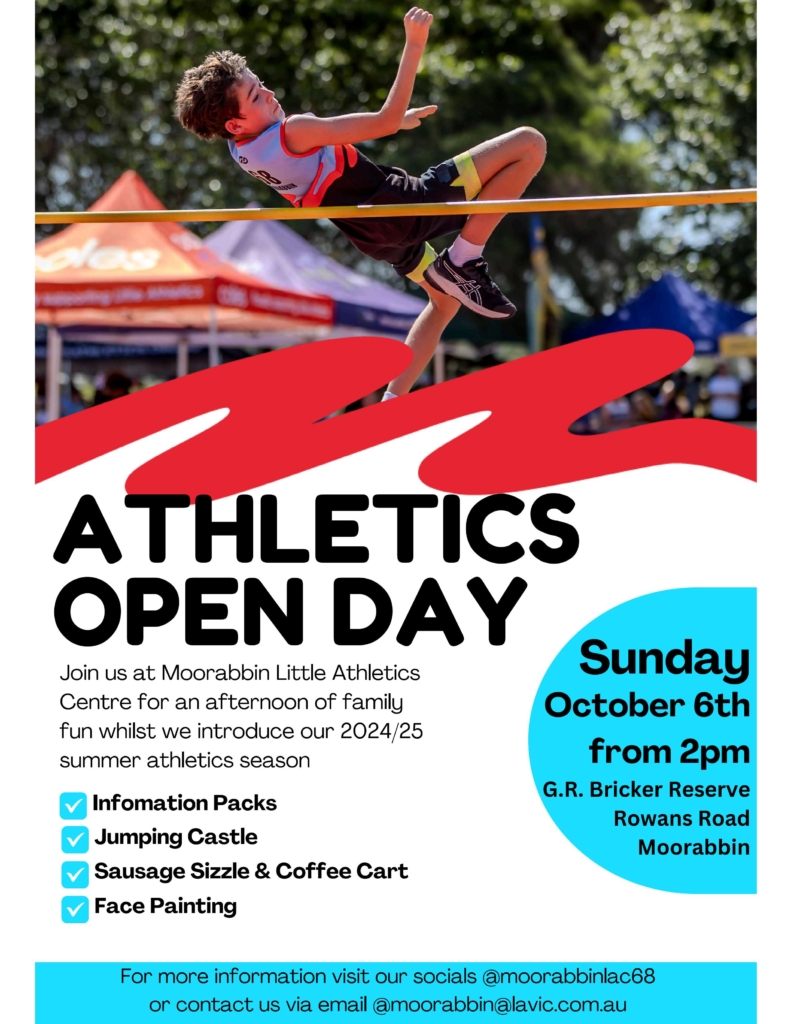 Image of Moorabbin Little Athletics Day flyer October 8th